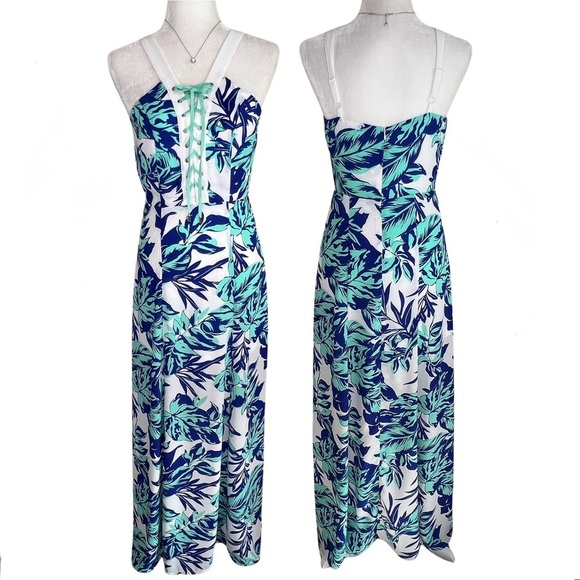 Jealous Tomato Dresses & Skirts - Jealous Tomato Tropical Palm Leaf Lace Up Bodice Dress White Aqua Blue Small S